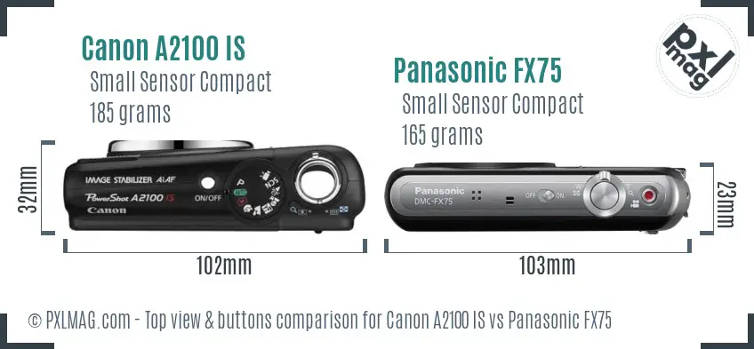 Canon A2100 IS vs Panasonic FX75 top view buttons comparison