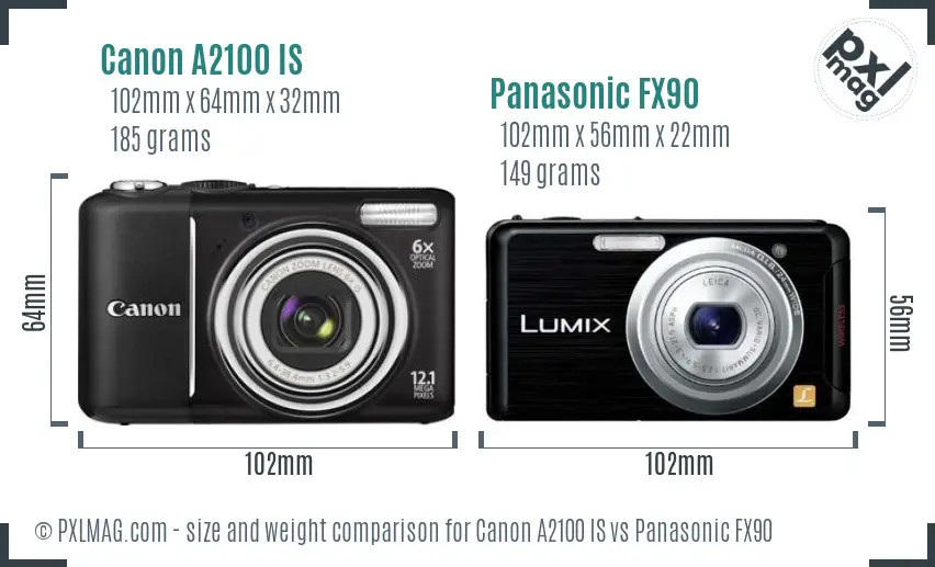Canon A2100 IS vs Panasonic FX90 size comparison