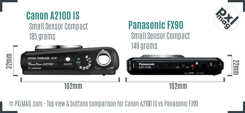 Canon A2100 IS vs Panasonic FX90 top view buttons comparison