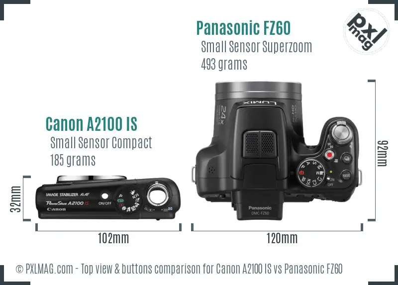 Canon A2100 IS vs Panasonic FZ60 top view buttons comparison