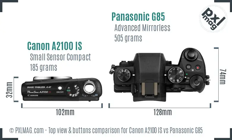 Canon A2100 IS vs Panasonic G85 top view buttons comparison