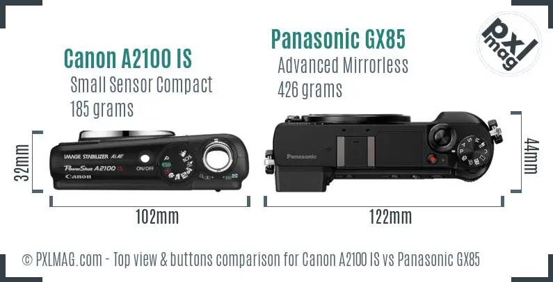 Canon A2100 IS vs Panasonic GX85 top view buttons comparison Canon A2100 IS vs Panasonic GX85 top view buttons comparison