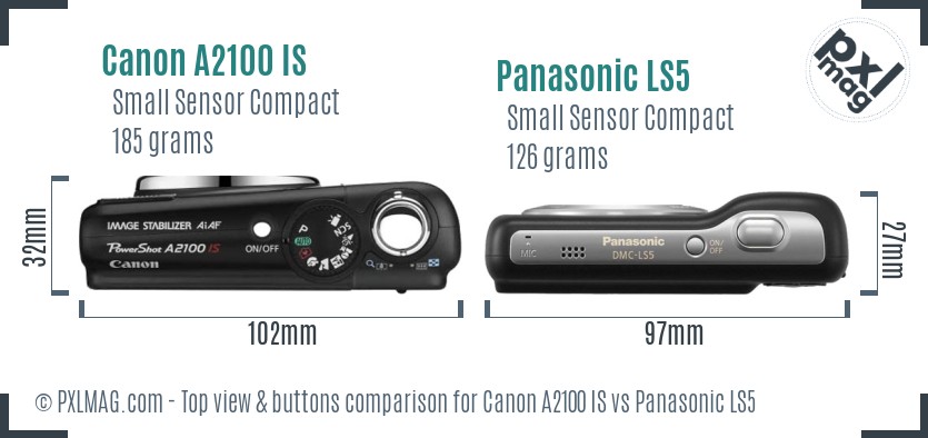 Canon A2100 IS vs Panasonic LS5 top view buttons comparison