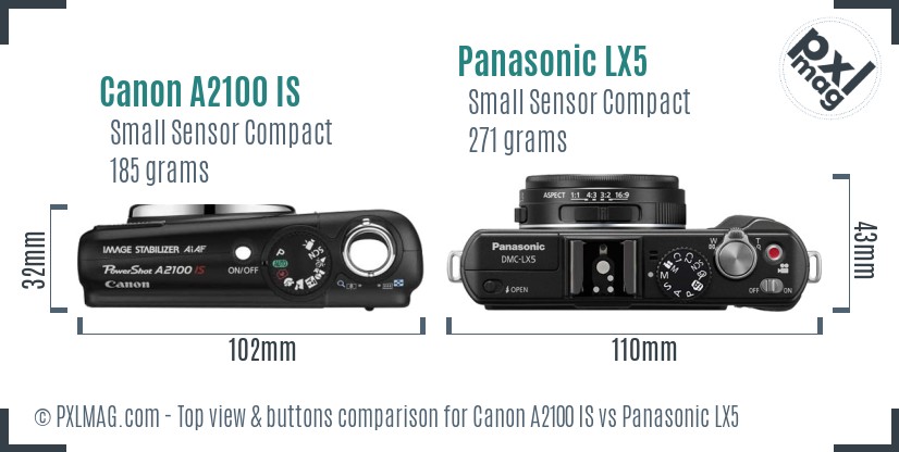 Canon A2100 IS vs Panasonic LX5 top view buttons comparison