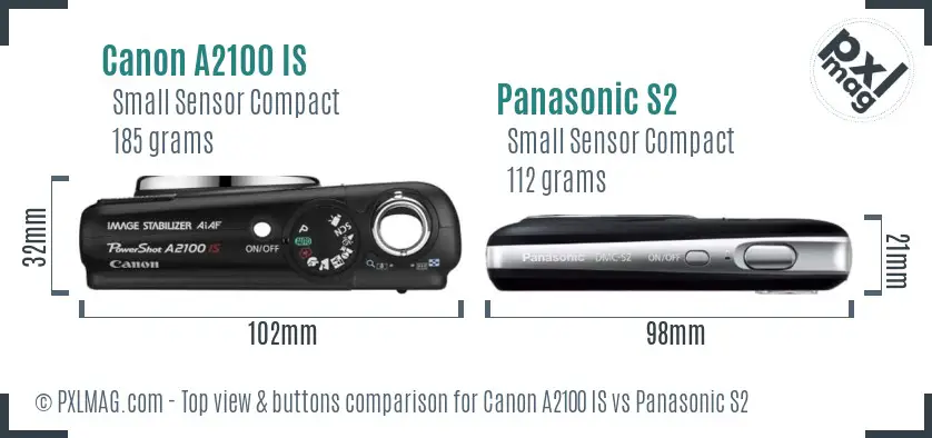 Canon A2100 IS vs Panasonic S2 top view buttons comparison