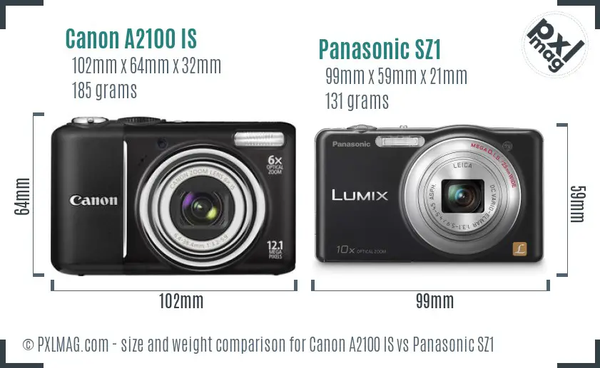 Canon A2100 IS vs Panasonic SZ1 size comparison