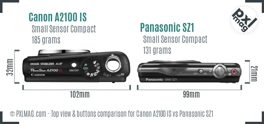 Canon A2100 IS vs Panasonic SZ1 top view buttons comparison