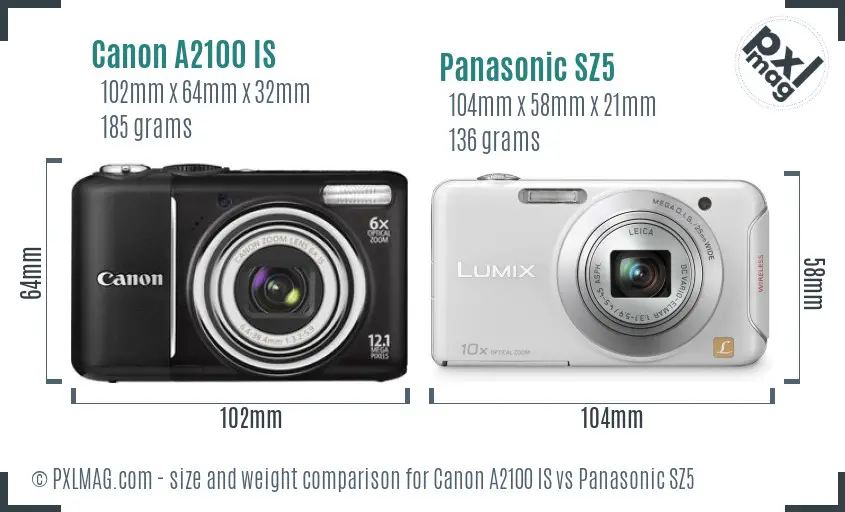 Canon A2100 IS vs Panasonic SZ5 size comparison