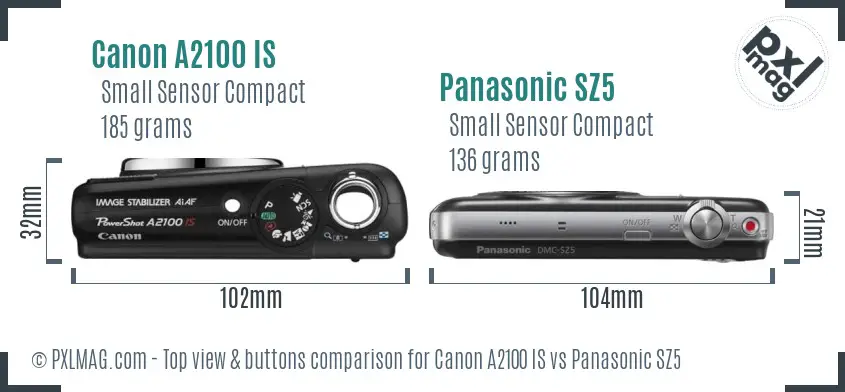Canon A2100 IS vs Panasonic SZ5 top view buttons comparison