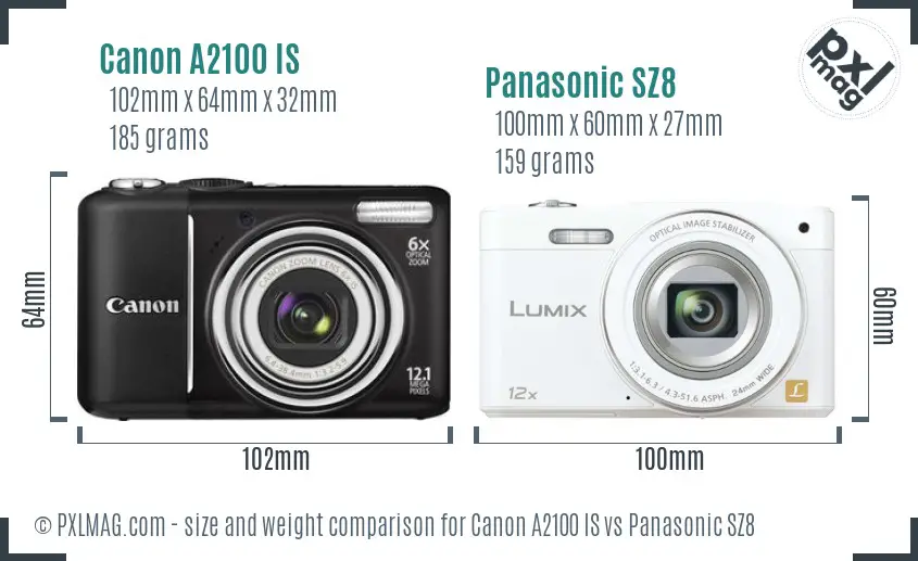 Canon A2100 IS vs Panasonic SZ8 size comparison