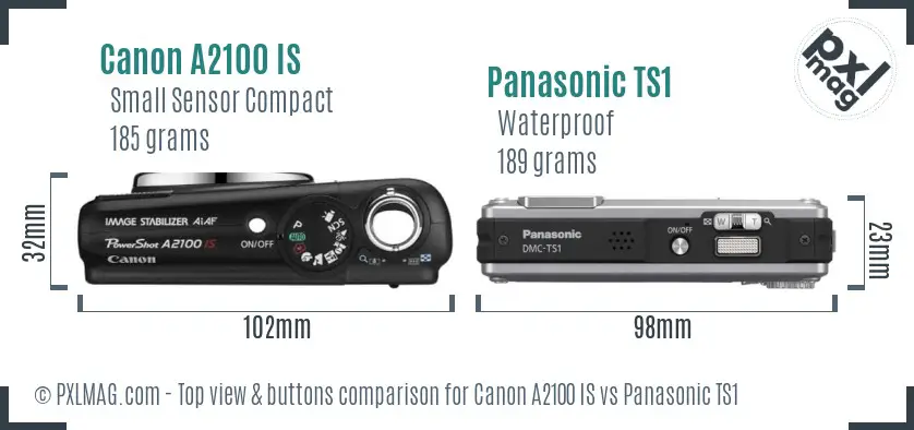 Canon A2100 IS vs Panasonic TS1 top view buttons comparison Canon A2100 IS vs Panasonic TS1 top view buttons comparison