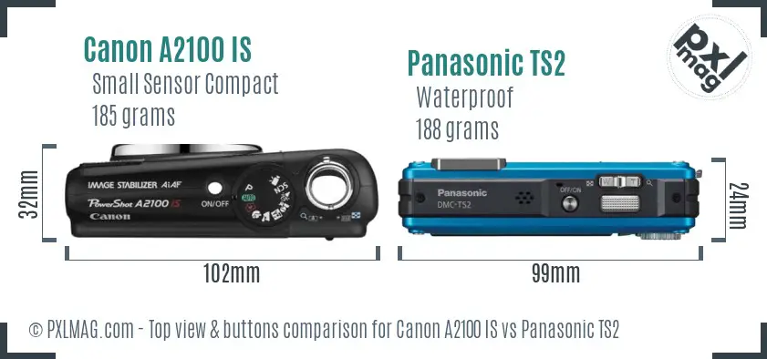 Canon A2100 IS vs Panasonic TS2 top view buttons comparison