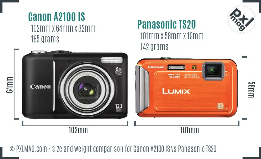 Canon A2100 IS vs Panasonic TS20 size comparison