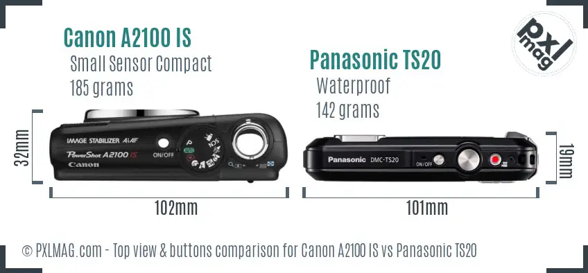 Canon A2100 IS vs Panasonic TS20 top view buttons comparison