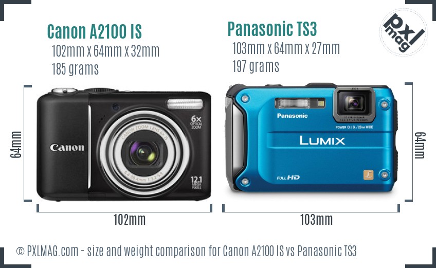 Canon A2100 IS vs Panasonic TS3 size comparison