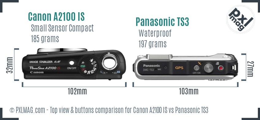 Canon A2100 IS vs Panasonic TS3 top view buttons comparison
