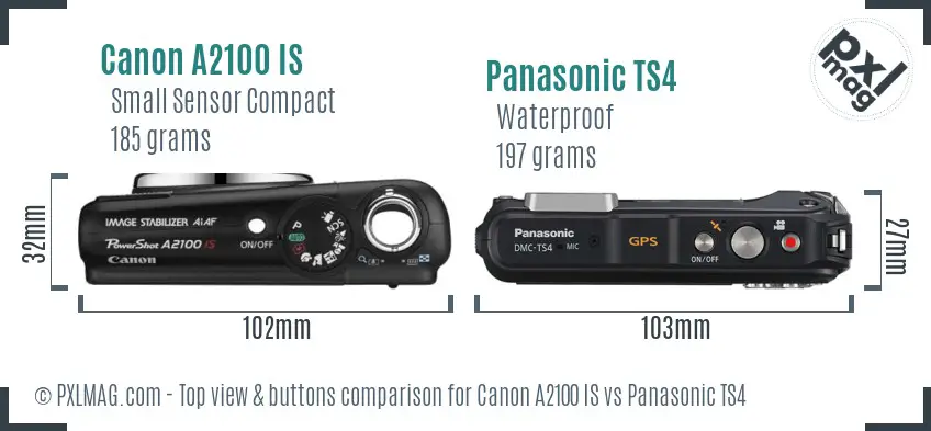 Canon A2100 IS vs Panasonic TS4 top view buttons comparison