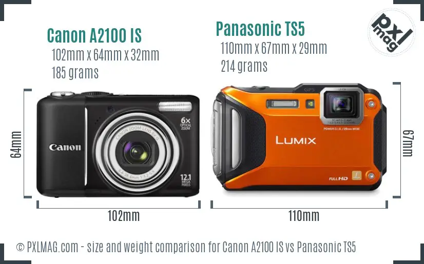 Canon A2100 IS vs Panasonic TS5 size comparison Canon A2100 IS vs Panasonic TS5 size comparison