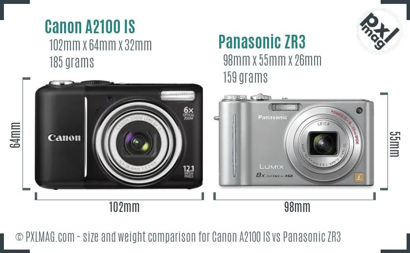 Canon A2100 IS vs Panasonic ZR3 size comparison