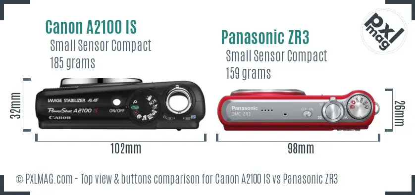 Canon A2100 IS vs Panasonic ZR3 top view buttons comparison
