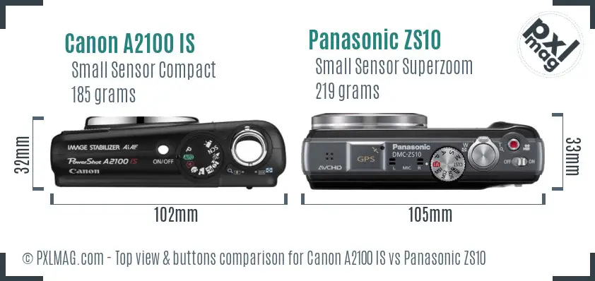 Canon A2100 IS vs Panasonic ZS10 top view buttons comparison