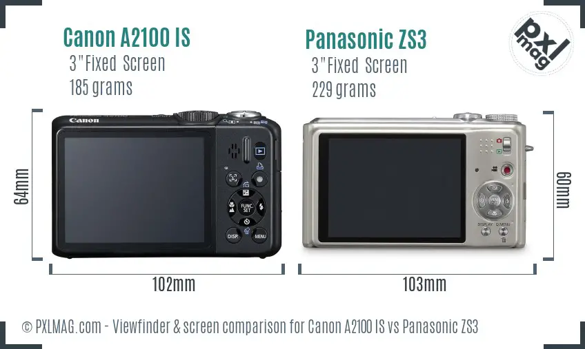 Canon A2100 IS vs Panasonic ZS3 Screen and Viewfinder comparison