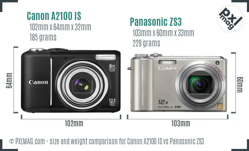 Canon A2100 IS vs Panasonic ZS3 size comparison