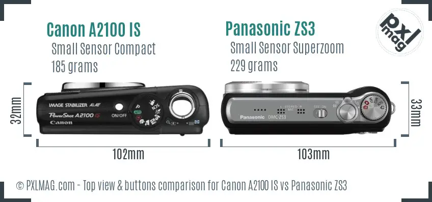 Canon A2100 IS vs Panasonic ZS3 top view buttons comparison