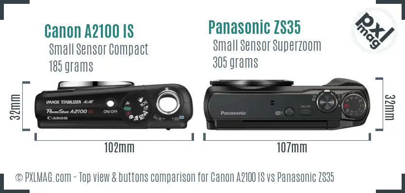 Canon A2100 IS vs Panasonic ZS35 top view buttons comparison