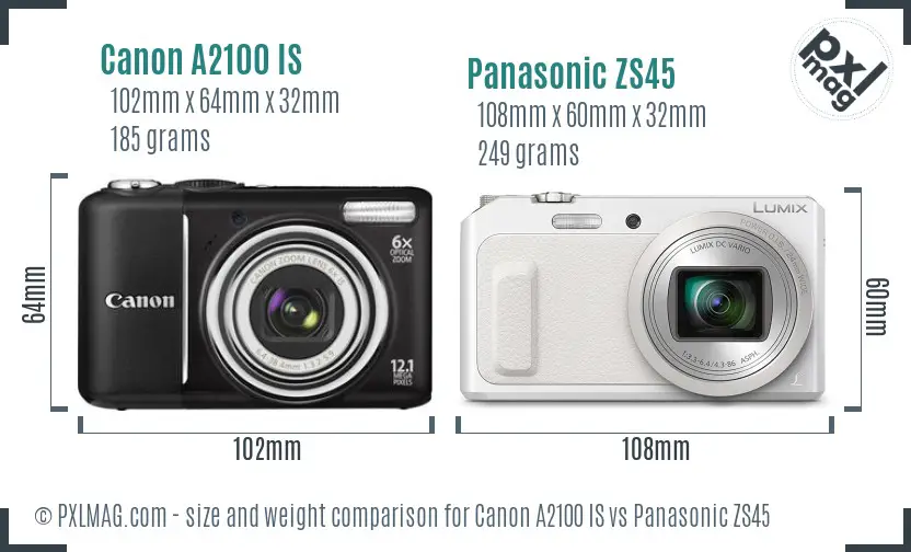 Canon A2100 IS vs Panasonic ZS45 size comparison