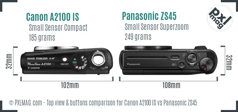 Canon A2100 IS vs Panasonic ZS45 top view buttons comparison