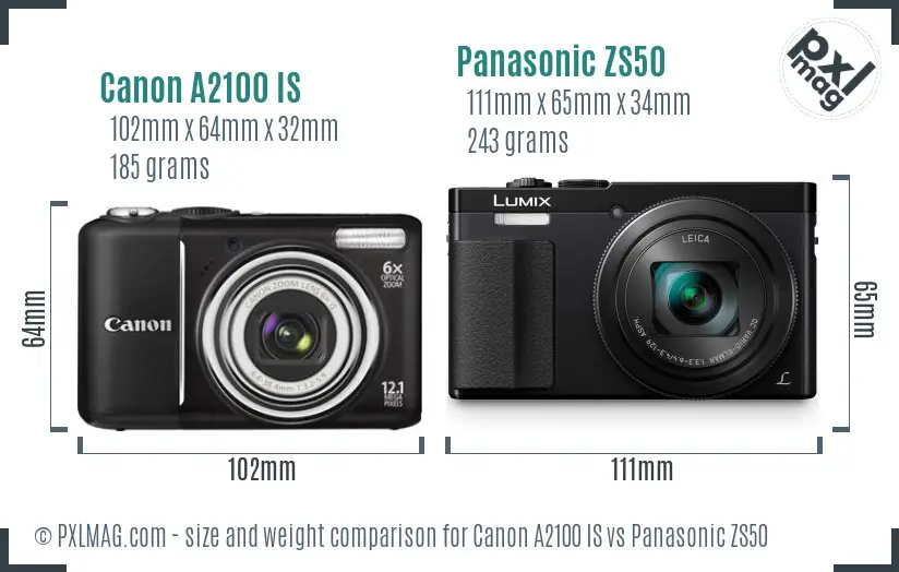 Canon A2100 IS vs Panasonic ZS50 size comparison