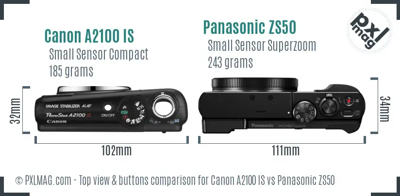 Canon A2100 IS vs Panasonic ZS50 top view buttons comparison