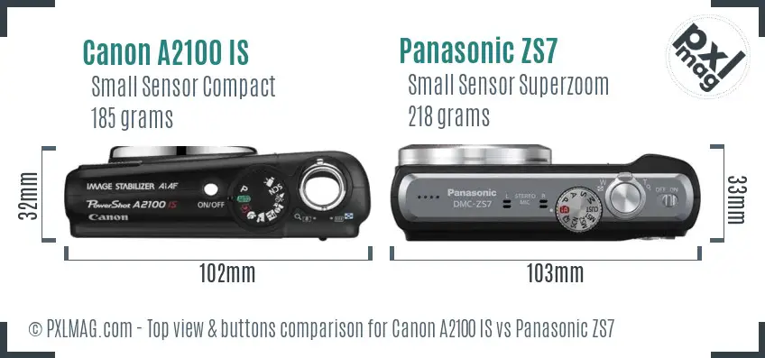 Canon A2100 IS vs Panasonic ZS7 top view buttons comparison
