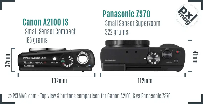 Canon A2100 IS vs Panasonic ZS70 top view buttons comparison