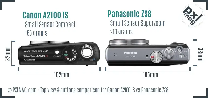 Canon A2100 IS vs Panasonic ZS8 top view buttons comparison Canon A2100 IS vs Panasonic ZS8 top view buttons comparison