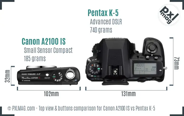 Canon A2100 IS vs Pentax K-5 top view buttons comparison Canon A2100 IS vs Pentax K-5 top view buttons comparison