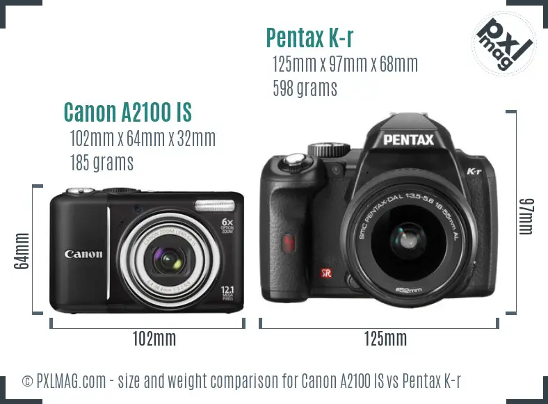 Canon A2100 IS vs Pentax K-r size comparison Canon A2100 IS vs Pentax K-r size comparison