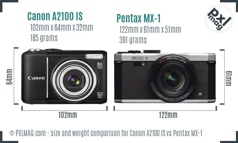 Canon A2100 IS vs Pentax MX-1 size comparison