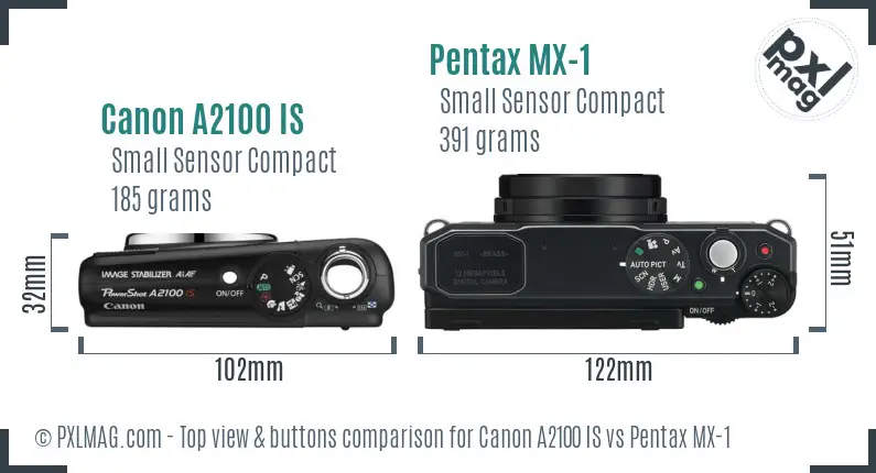 Canon A2100 IS vs Pentax MX-1 top view buttons comparison