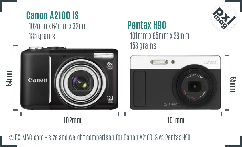 Canon A2100 IS vs Pentax H90 size comparison