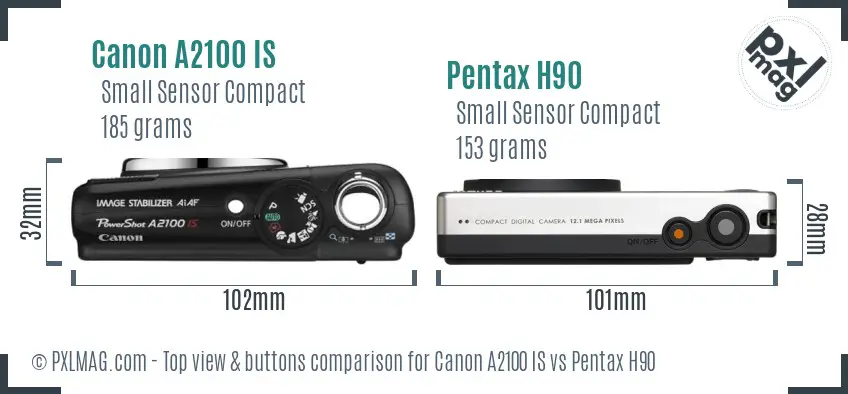 Canon A2100 IS vs Pentax H90 top view buttons comparison
