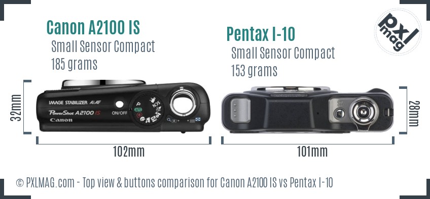 Canon A2100 IS vs Pentax I-10 top view buttons comparison