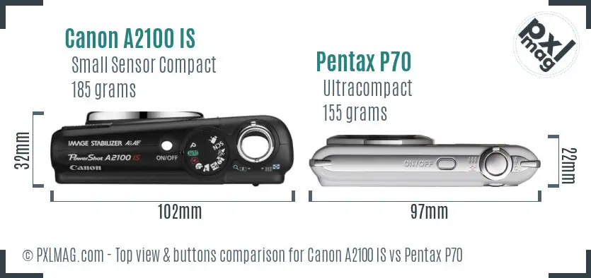 Canon A2100 IS vs Pentax P70 top view buttons comparison Canon A2100 IS vs Pentax P70 top view buttons comparison