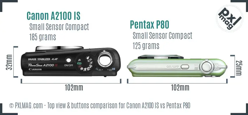 Canon A2100 IS vs Pentax P80 top view buttons comparison