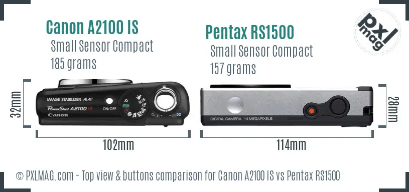 Canon A2100 IS vs Pentax RS1500 top view buttons comparison