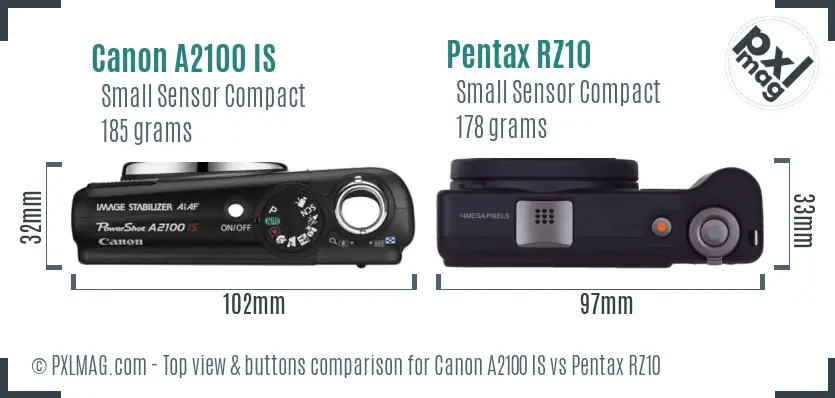Canon A2100 IS vs Pentax RZ10 top view buttons comparison Canon A2100 IS vs Pentax RZ10 top view buttons comparison