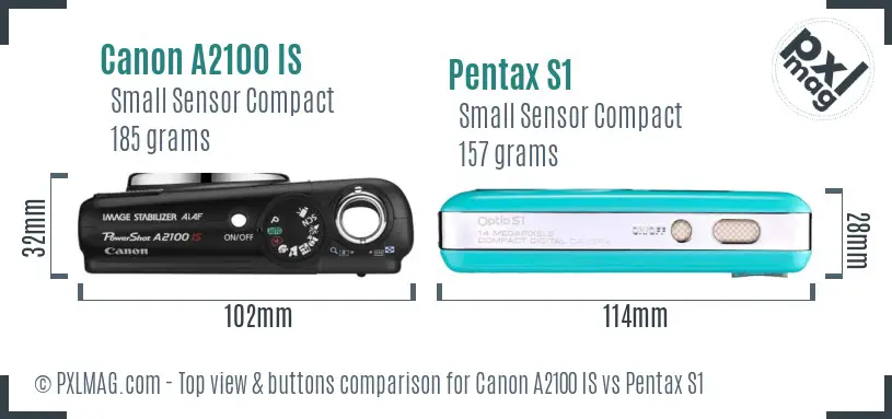 Canon A2100 IS vs Pentax S1 top view buttons comparison Canon A2100 IS vs Pentax S1 top view buttons comparison