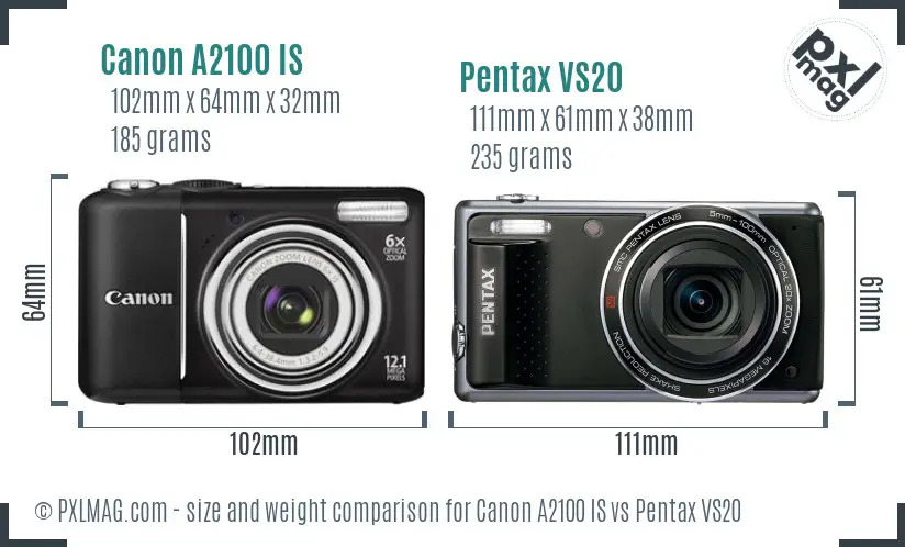 Canon A2100 IS vs Pentax VS20 size comparison