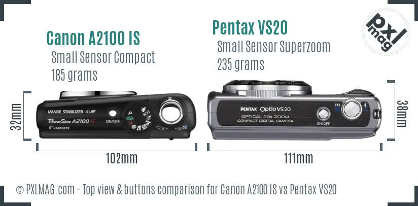 Canon A2100 IS vs Pentax VS20 top view buttons comparison